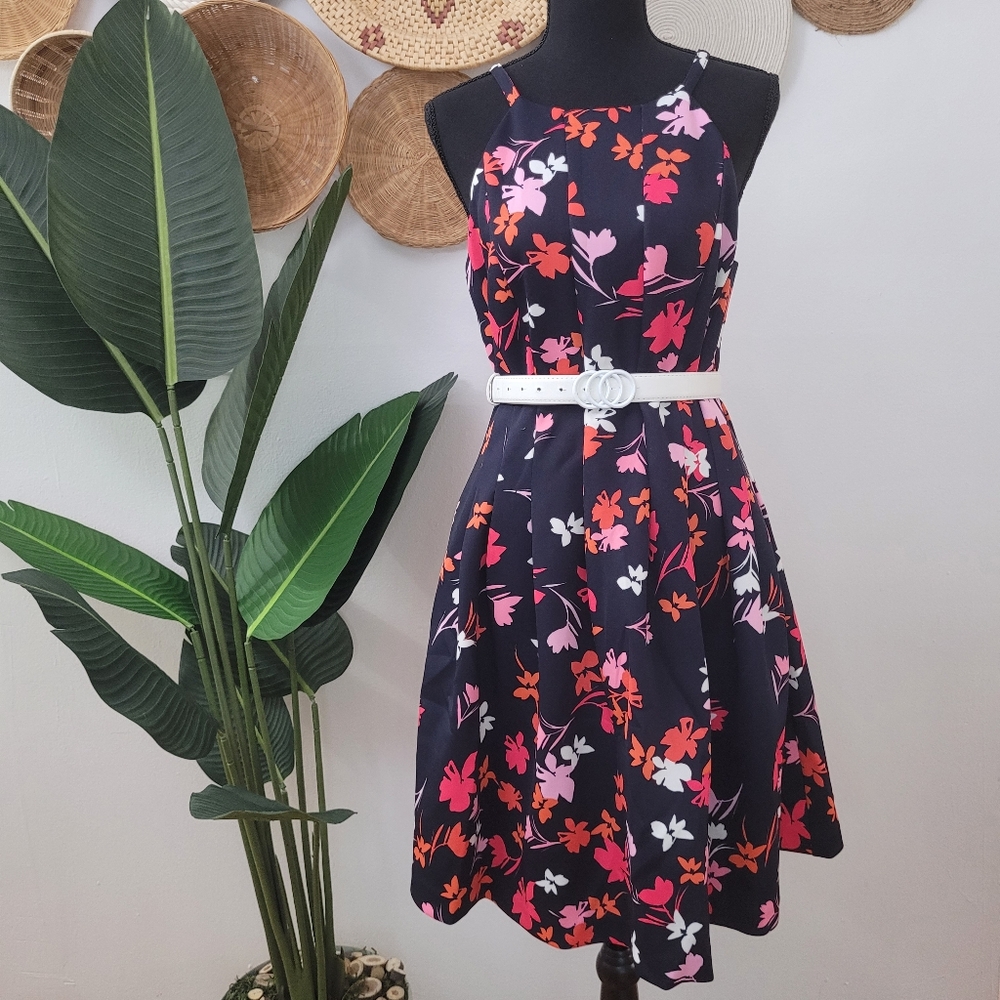 Vince Camuto Floral-Print Fit & Flare Dress Navy/Multicolor - Size 14